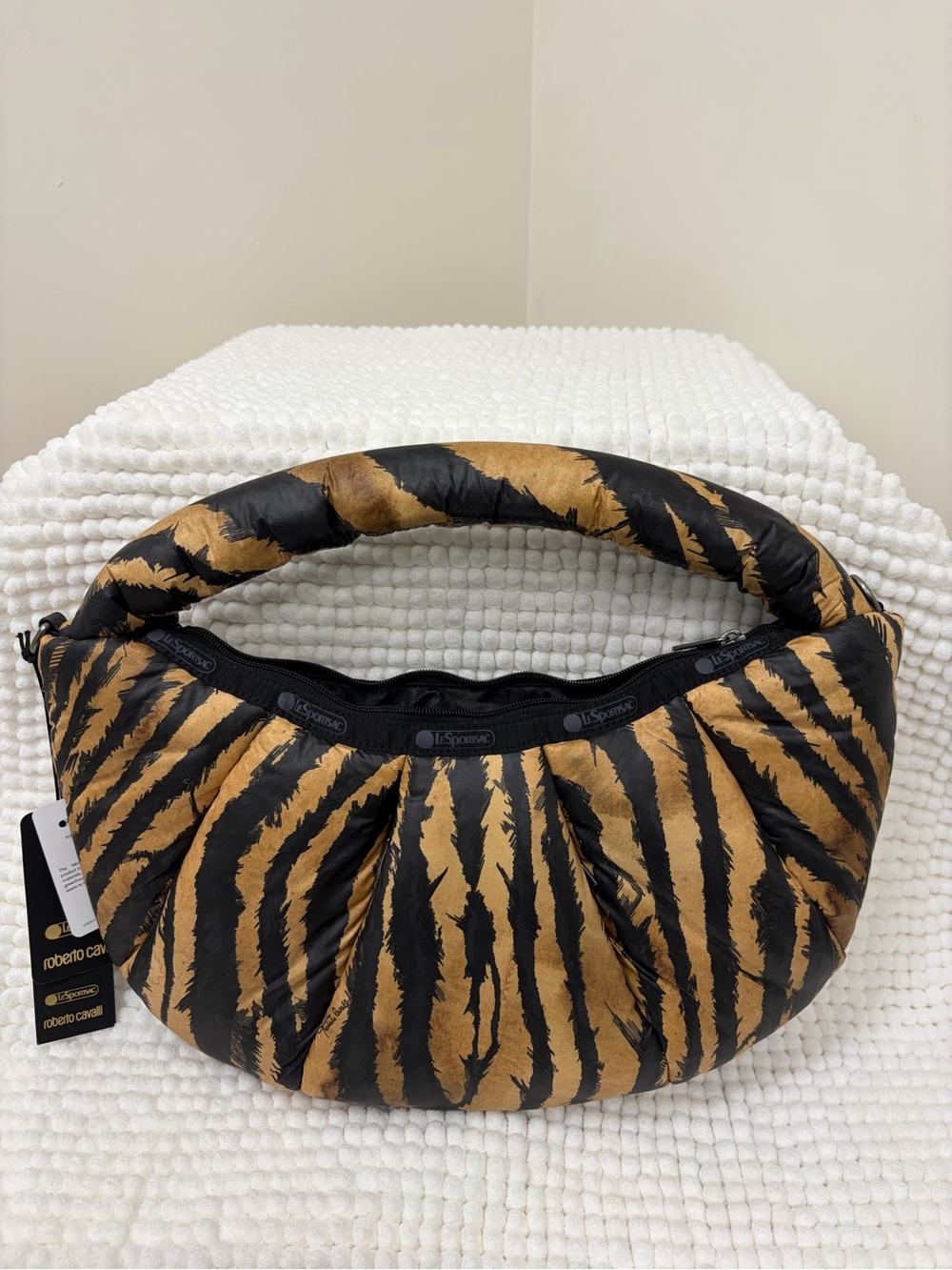 Roberto Cavalli Black and Brown Tiger-Stripe Puff Shoulder Bag